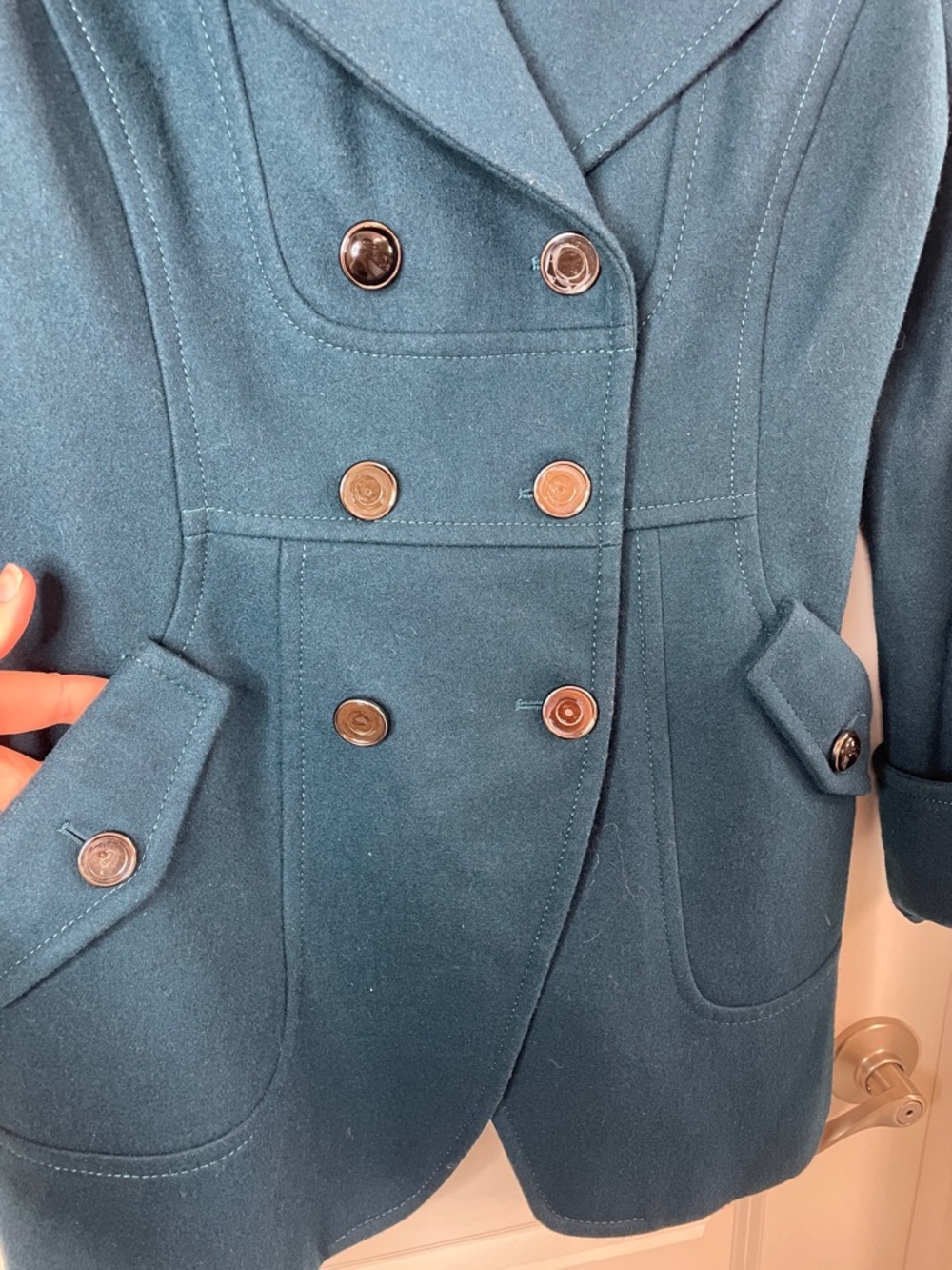 Guess Teal Double-Breasted Wool-Blend Peacoat - Picture 8 of 9
